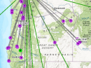 The purple lines and circles indicate stations participating in the 60-meter interoperability test. [Courtesy of Laura Goudreau, KG7BQX]